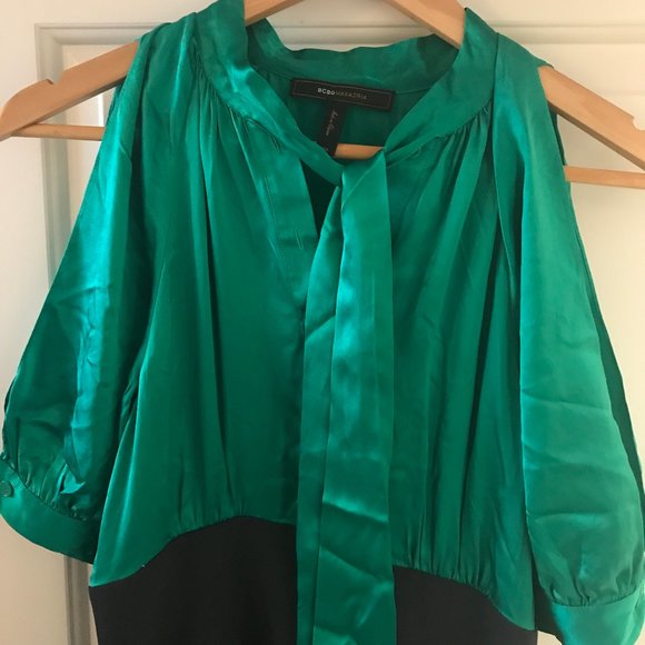 BCBG MaxAzria Green Silk shirt/Grey Skirt DRESS - Picture 3 of 6